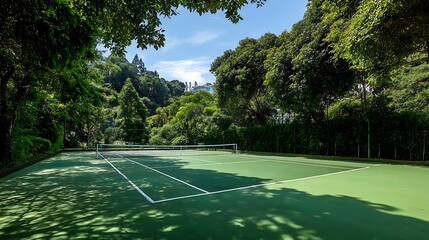 Full view of a well maintained tennis court surrounded by lush greenery and clear sky.