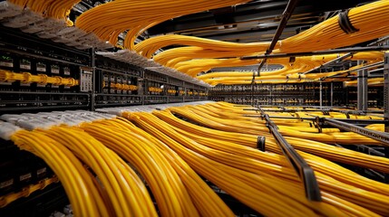 Massive yellow cable bundles create a futuristic network infrastructure in a server room.