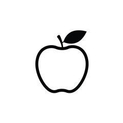 Simple black outline of an apple with a leaf and stem