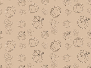 repeating pattern of pumpkins and autumn leaves drawn with black outlines on light brown background, autumn or halloween theme
