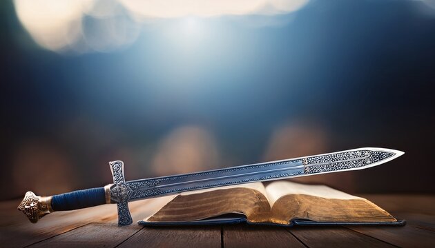 a bible and a sword blurred background
