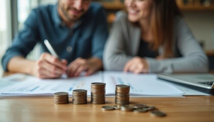 Couple planning finances together, reviewing documents, coins on table. Man writes, woman looks on. Symbolizes teamwork, partnership, budgeting, savings, investment, financial strategy, shared goals.