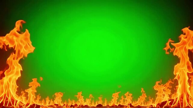Dynamic fire flames burning brightly against a vibrant chroma green screen for visual effects