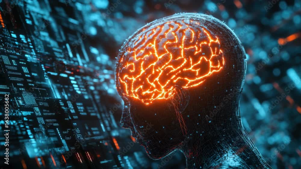 Aufkleber human brain with digital circuit patterns on a blue matrix background, evoking themes of advanced te
