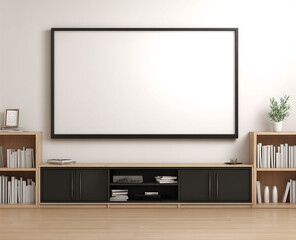 Blank poster mockup with wooden bookshelves in modern interior 3D Rendering stock photo.