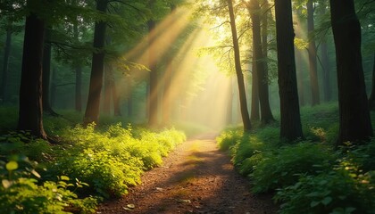 Naklejka premium Forest pathway illuminated by warm sunbeams filtering through trees. Green foliage lines dirt road. Woodland scene evokes tranquility, nature exploration. Suitable for hiking, meditation, outdoor