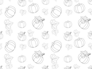 repeating pattern of pumpkins and autumn leaves drawn with black outlines on white background, autumn or halloween theme
