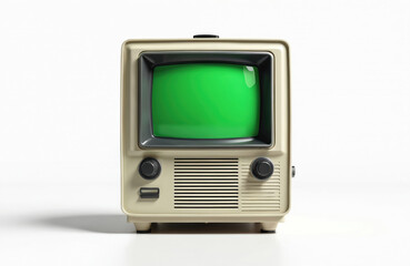 Retro television with green screen mockup. Vintage technology appliance in cream color with black details. Classic electronic device, perfect for compositing, broadcast, design, and media projects.