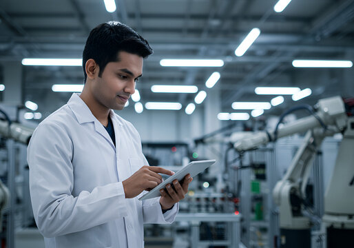 A young man in a lab coat uses a tablet, surrounded by robotic arms in a factory setting.