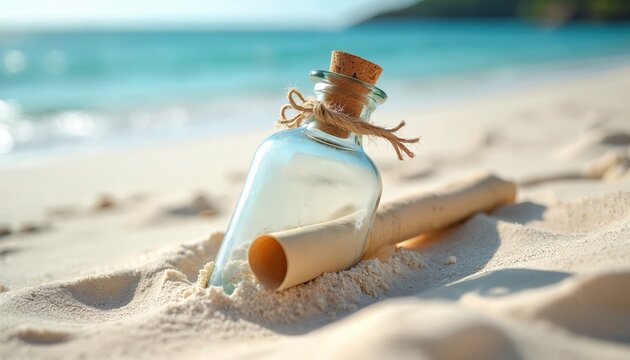 Message in bottle rests on sandy beach shore. Clear glass container with cork stopper, rolled paper inside. Turquoise ocean water, bright sky, soft sunlight create summer vacation atmosphere. - Powered by Adobe