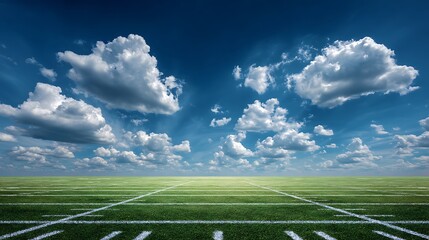 Green football field under blue sky background with fluffy white clouds.