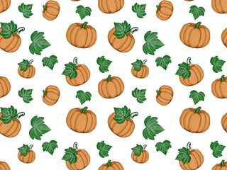 Seamless pattern of orange pumpkins and green leaves on white background, Autumn or Halloween theme