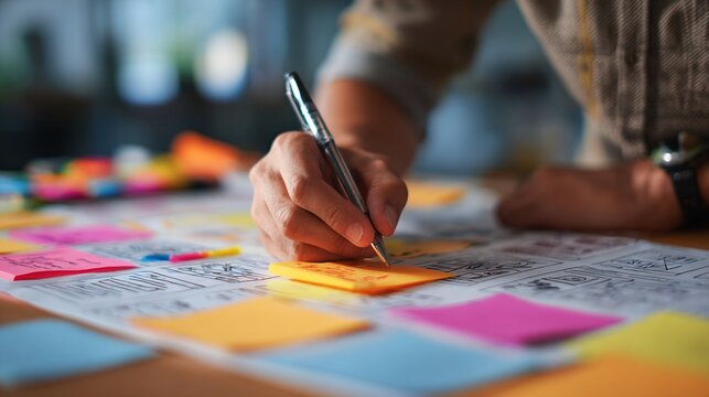 Person Writing on Sticky Note with Sketches and Other Sticky Notes
