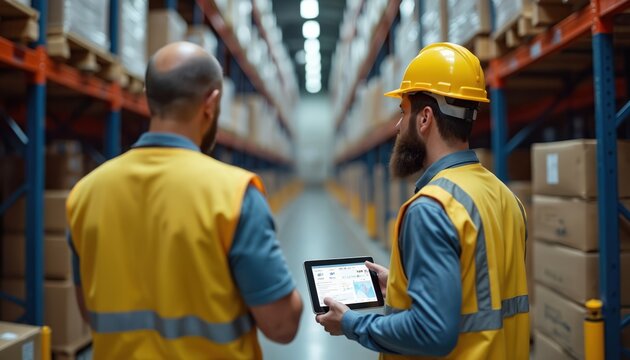 Two workers in safety vests, hard hats manage warehouse inventory using tablet. Industrial facility shows rows of shelves stocked with boxes. Focus on digital monitoring, logistics, operational