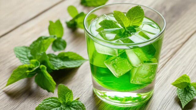 Refreshing green minty limeade with ice cubes and fresh mint leaves garnish on wooden table.