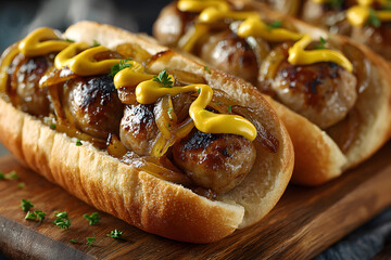 Top-Down View of Bratwurst in Crusty Buns with Onions and Mustard