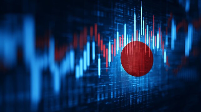 Dynamic Japanese stock market chart with national flag overlay, digital finance data visualization