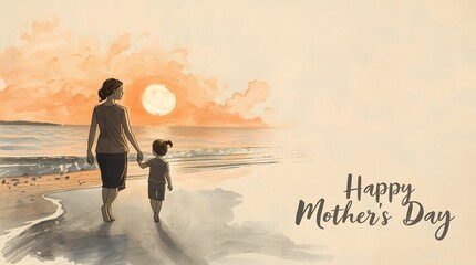 Fototapeta premium Mothers Day Mothers with Children Beach Sunset Greeting Card