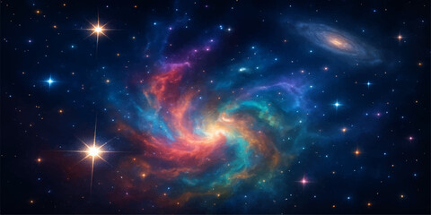 Obraz premium An abstract depiction of a cosmic nebula, with glowing stars and bright, swirling dust creating a fantasy-like universe