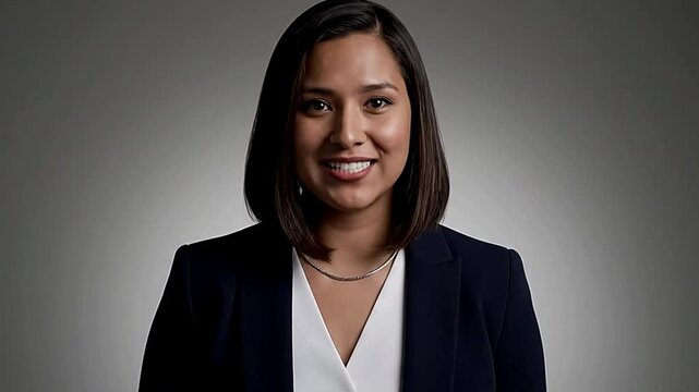 Smiling woman with dark hair in blazer white top necklace against a gray background