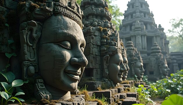 Ancient stone temple faces integrated with computer circuits and glowing tech elements in lush jungle setting, merging cultural heritage with futuristic sci fi concepts
