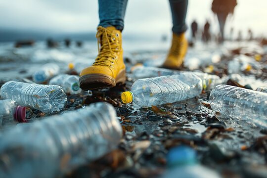A person walks on a beach covered with plastic bottles. The individual wears yellow boots and blue jeans. The scene highlights environmental pollution and waste.