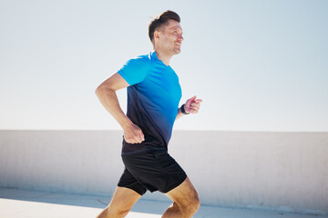 Running effortlessly on a rooftop terrace under a clear sky, embracing the thrill of urban fitness and freedom
