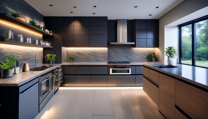 functional modern kitchen featuring open shelving premium stainless steel appliances stone countertops under cabinet lighting a perfect balance of form and function