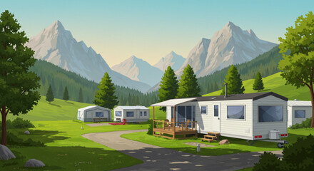 3D vector of a mobile home in a camping area with mountains