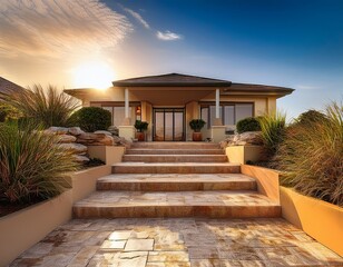 sandstone steps with a warm hue smoothly guiding visitors to the front entrance of a beach house