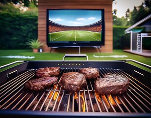 grilling steaks on a barbecue grill outdoors with a tv showing a football game in the background perfect for a backyard party