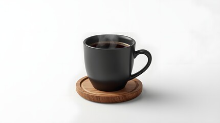 Obraz premium Black Coffee Mug on Wooden Coaster
