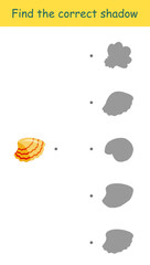 Logic game. Find the correct shadow of shell. Vector illustration on white background for children's activity book, worksheet, print.