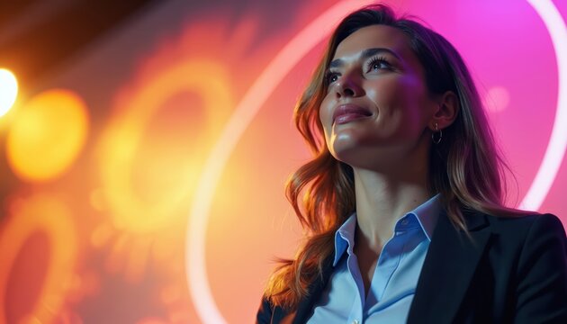 Businesswoman on stage presents modern technology. Smiling lady in suit against futuristic abstract background with glowing connections. Tech event, innovation, pro presentation, energetic atmosphere.