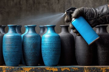 Gloved hand spray paints blue vases on a rustic table, showcasing artistic craftsmanship.