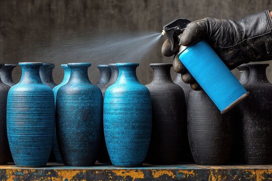 Gloved hand spray paints blue vases on a rustic table, showcasing artistic craftsmanship.