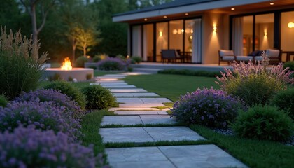 Fototapeta premium 3D render of evening garden pathway with stone tiles, surrounded by rich plants and illuminated flowers. Modern house with outdoor lighting and fire pit creates serene backyard landscape design.