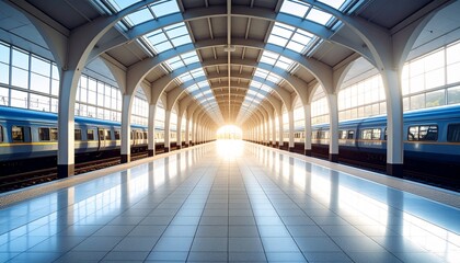 Empty train station platform at sunrise, flanked by two trains under arched metal roof—evoking solitude, symmetry, and quiet anticipation in cinematic urban storytelling.