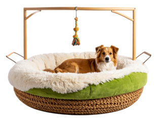  Single Fluffy Pet Bed with Hanging Chew Toy, Angled Side View