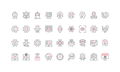 Digital transformation change process, product and business solution, AI line icon set. Robotic engineering, data personalization, tech innovation thin black and red outline symbol vector illustration