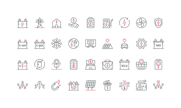 Energy storage and power grid distribution, wind and backup generator, photovoltaic system line icon set. EV battery and charge station, inverter thin black and red outline symbols vector illustration