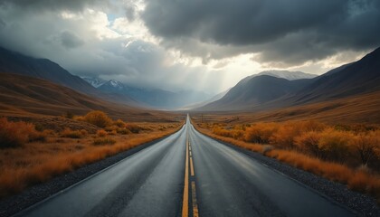 Fototapeta premium Long asphalt road stretches through valley towards stormy mountains under dramatic sky. Autumn landscape features dry grass, yellow trees. Sunbeams break through dark clouds, creating sense of