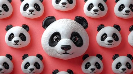 Obraz premium Cute 3D panda toy heads on soft pink background