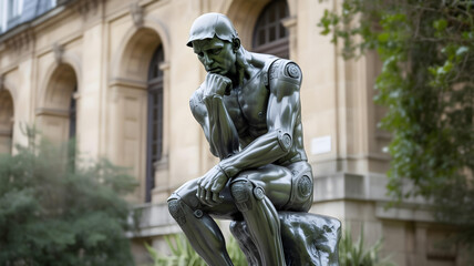 Modern robotic version of The Thinker statue in contemplative pose with metallic body and mechanical joints, set in classical courtyard with blurred arches and greenery