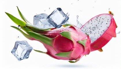 flying dragon fruit with ice cube isolated on white background