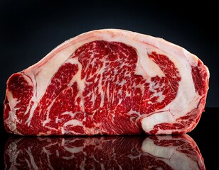 close up of a raw dry aged wagyu porterhouse beef block with marbled red and white textures on a dark surface against a black background
