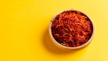Fototapeta premium Wooden bowl filled with vibrant saffron threads on bright yellow background—evoking luxury, tradition, and the essence of spice in minimalist culinary symbolism.