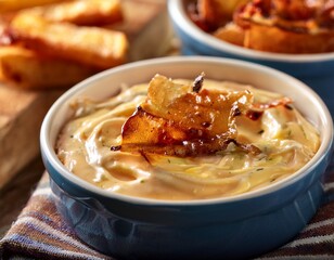 a close up of french onion dip with a creamy texture and caramelized onion flavor