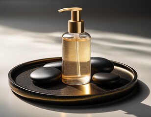 a transparent bottle of hand sanitizer is elegantly positioned on a round black tray surrounded by smooth decorative stones the bottle features a sleek pump top and contains a golden liquid delicat