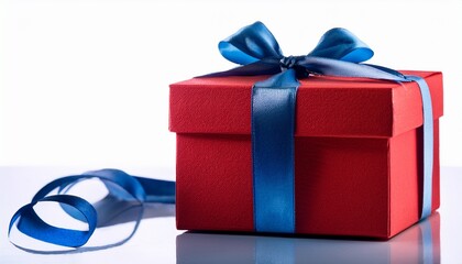 red gift box with blue ribbon